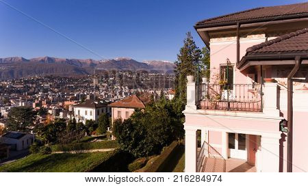 Exterior of villa with beautiful landscape over Lugano lake