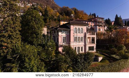Exterior of villa with beautiful landscape over Lugano lake