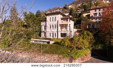 Aerial view of luxurios villa on Swiss hills