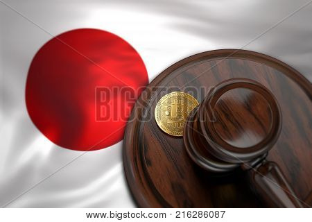 Bitcoin and judge gavel laying on flag of Japan. Bitcoin legal situation in Japan concept. 3D rendering