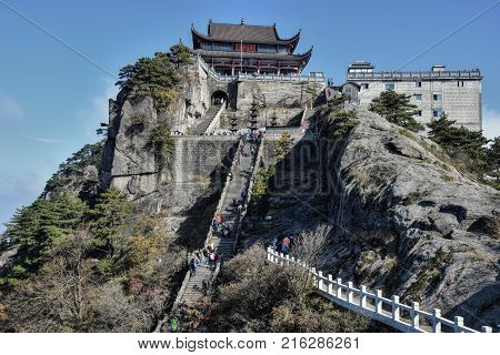 Tiantai Temple´s Daxiong Baodian, Treasure Hall of the Great Hero, at Mount Jiuhua, Nine Glorious Mountains, one of the four sacred mountains of Chinese Buddhism, Anhui province, China.