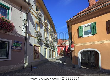 MURAU/ AUSTRIA - OCTOBER 7, 2017. Beautiful one-way street in the historical town center of Murau. Styria, Austria.
