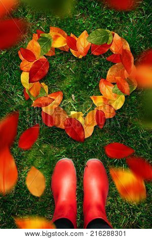High angle view of a woman in red rubber boots looking at shape of heart created by fallen autumn leaves lying on green grass underneigh.