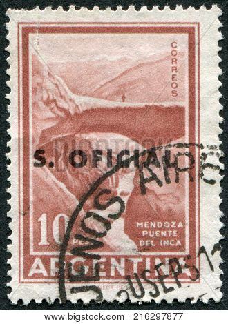 ARGENTINA - CIRCA 1960: A stamp printed in the Argentina, shows the Puente del Inca (The Inca's Bridge), (overprint 1966) circa 1960