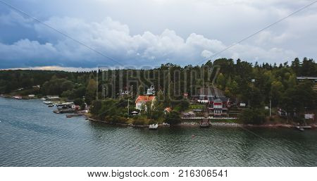 Beautiful Super Wide-angle Panoramic Aerial View Of Stockholm Archipelago, Sweden With Harbor, Seen