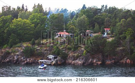 Beautiful Super Wide-angle Panoramic Aerial View Of Stockholm Archipelago, Sweden With Harbor, Seen