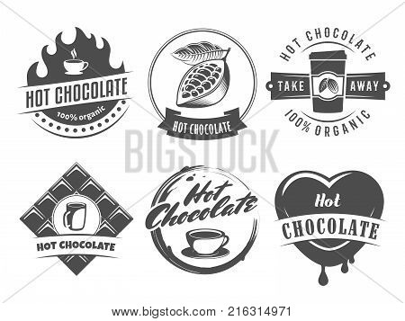 Vector hot chocolate logos. Cacao drink badges. Set of vintage stickers for cafe, bar or restaurant