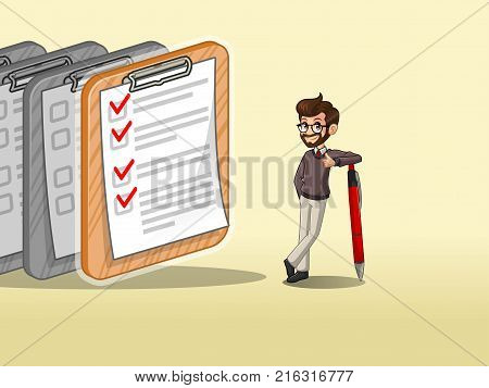 Hipster businessman cartoon character design leaning a pen with completed checklists on paper, against cream background.