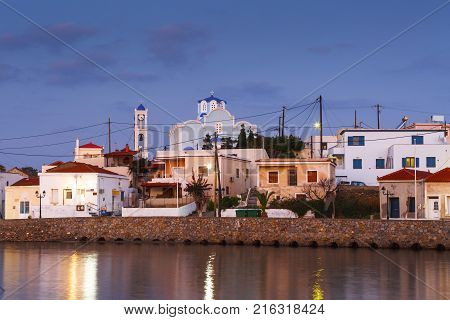 PSARA, GREECE - NOVEMBER 9, 2017: Morning view of Psara village and its main church on November 9, 2017.
