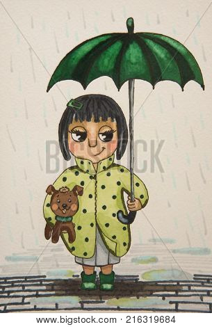 A girl with big eyes is like an anime with a dog in her hands and a green umbrella in the rain