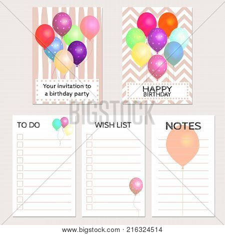 Birthday cards with colorful balloons and place for your text. Invitation congratulations, to do and wish lists and notes.