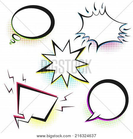 Set of white empty retro comic speech bubbles with colored halftone in pop art style. Black outline message balloons for comics book or advertising superhero text web design