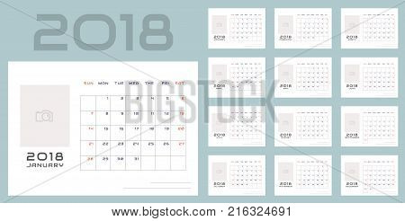 Simple minimalistic calendar of new 2018 year in light colors with place for picture. Week starts in Sunday twenty month calendar. Work and holiday events planner block-almanac mockup or template