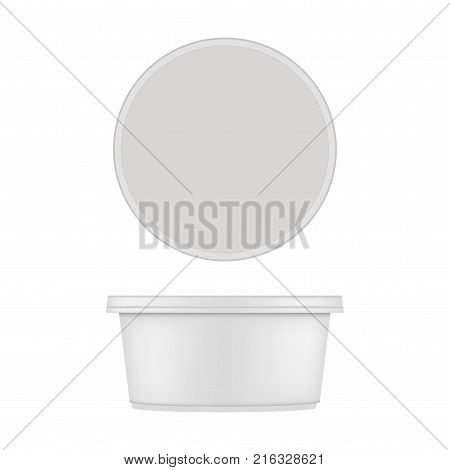 Mock up of round plastic tub for dessert. Vector isolated on white background.