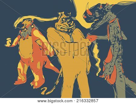 A picture of three monsters at a monster party