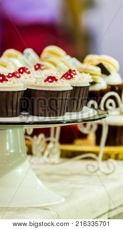 Sweet beauty flower and topping pastel color on weddinng cake decoration.