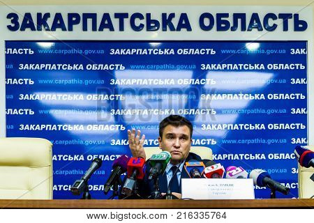 Uzhgorod Ukraine - December 1 2017: Minister of Foreign Affairs of Ukraine Pavel Klimkin answers questions from journalists during a press conference as part of a working visit to Transcarpathia.
