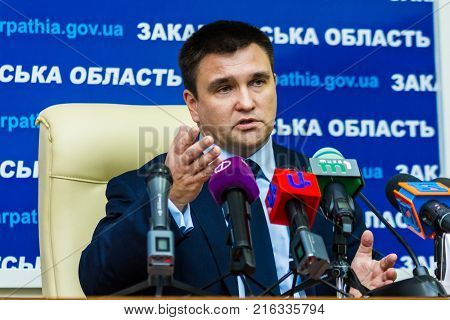 Uzhgorod Ukraine - December 1 2017: Minister of Foreign Affairs of Ukraine Pavel Klimkin answers questions from journalists during a press conference as part of a working visit to Transcarpathia.