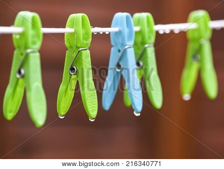 conceptual image of a rainy day seletcive focus on a green wet peg dripping raindrops in the yard bokeh background to accomated text overlay and copy space