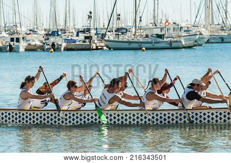 Dragon Boat Racing in Torrevieja Harbour Spain. 11 november 2017