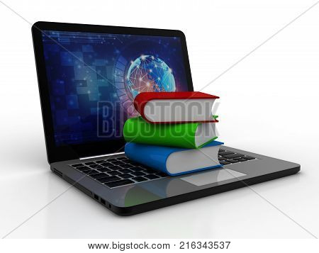 Digital library and online education concept - laptop computer with colorful books. 3d rendering