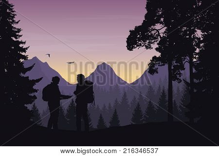 Two tourists walking through a mountain landscape with a forest looking for a path in the map under a morning sky with dawn - vector