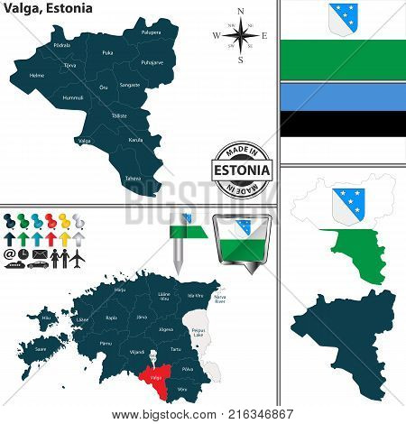 Vector map of Valga region and location on Estonian map
