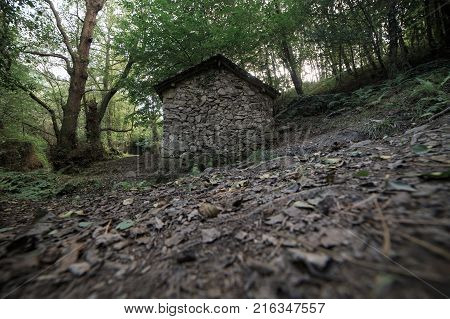 Landscape of one of the abandoned water mills of the Oneta Cascades forest in Asturias, Spain.