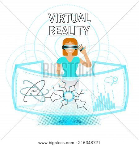 Woman In Virtual Reality Wearing Vr Glasses Use Digitall Interface Modern Optical Technology Concept Vector Illustration