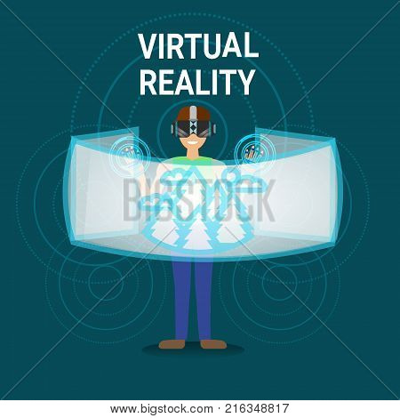 Man In Virtual Reality Wearing Vr Glasses Use Digitall Interface Modern Optical Technology Concept Vector Illustration