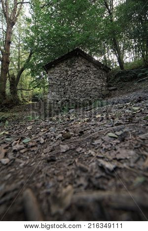 Landscape of one of the abandoned water mills of the Oneta Cascades forest in Asturias, Spain.