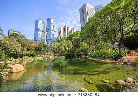 Hong Kong, China - December 7, 2016: Beautiful view of pond at the lush Hong Kong Park surrounded by Lippo Centre skyscrapers in Central business district. Sunny day with blue sky.