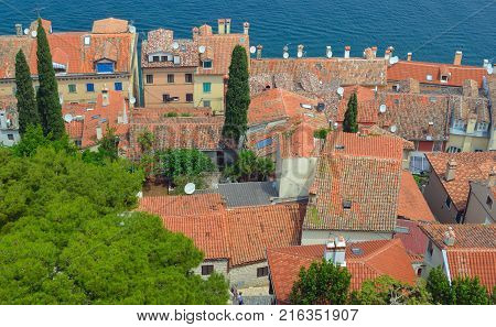 Rooves  of the old Town of Rovinj  terracotta tiles and satellite  dishes.