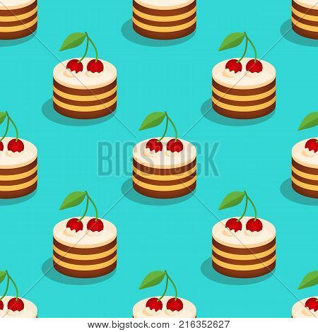 Cherry cakes seamless pattern. Vector cartoon illustration