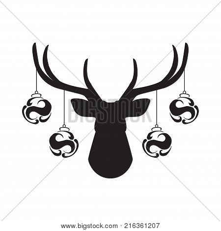 Black silhouette of deer head with antlers and with christmas tree toy balls on horns. vector flat icon isolated on white background.