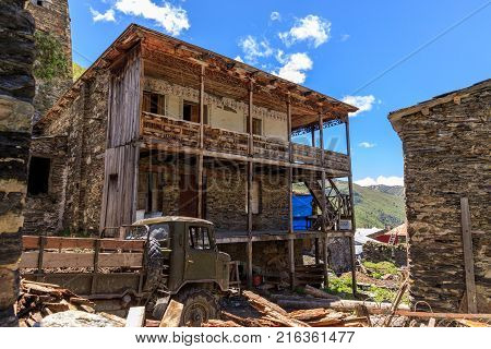 View of the Ushguli village at the foot of Mt. Shkhara. Picturesque and gorgeous scene. Rock tower towers and old houses in Ushguli
