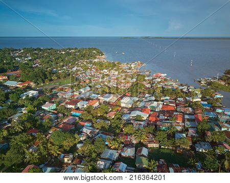 Sunset over Bluefields town aerial drone view