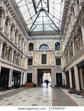 Odessa Ukraine - November 17 2017: Deribasovskaya Street Big Moscow Hotel. Deribasovskaya Street Is 