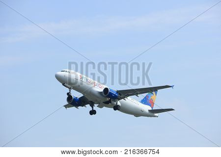 Amsterdam the Netherlands - May 6th 2017: D-ABDB Small Planet Airlines Germany Airbus A320 takeoff from Polderbaan runway Amsterdam Schiphol Airport