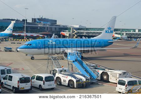 AMSTERDAM, NETHERLANDS - SEPTEMBER 29, 2017: Boeing 737-700 (PH-BGU) operated by KLM Royal Dutch Airlines in the Schiphol airport