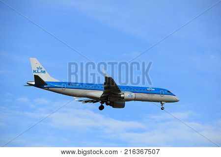 Amsterdam the Netherlands - July 15th 2016:PH-EXA KLM Cityhopper Embraer ERJ-190STD approaching Polderbaan runway at Schiphol Amsterdam Airport arriving from Leeds United Kingdom