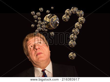 Silhouette of a man with a brain made up of gears or cogs machine parts workings. Concept mental work of the brain