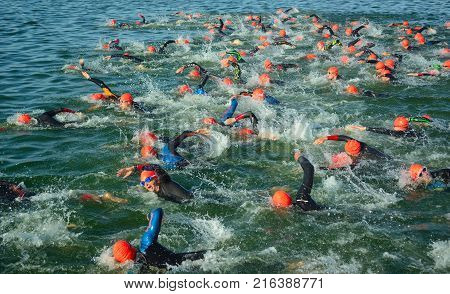 GRAFHAM, CAMBRIDGESHIRE, ENGLAND - AUGUST 06, 2017:  Competitors in the water starting the swimming stage of triathlon,