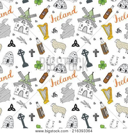Ireland Sketch Doodles Seamless Pattern. Irish Elements with flag and map of Ireland Celtic Cross Castle Shamrock Celtic Harp Mill and Sheep Whiskey Bottles and Irish Beer Vector Illustration.