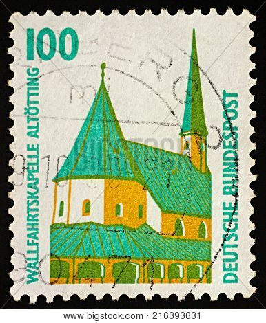 Moscow Russia - December 02 2017: A stamp printed in Germany shows Pilgrimage Chapel in Altotting series 