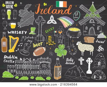 Ireland Sketch Doodles Seamless Pattern. Irish Elements with flag and map of Ireland Celtic Cross Castle Shamrock Celtic Harp Mill and Sheep Whiskey Bottles and Irish Beer Vector Illustration.