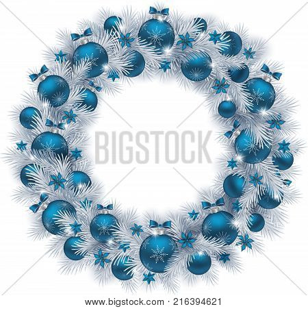 Christmas wreath with silver colour fir branches blue balls and decorations isolated on white background. Vector illustration.