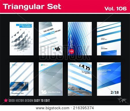 Set of design of business vector template, brochure, abstract annual report, cover, flyer in A4 with olourful round, soft, triangular shapes, abstract lines for finance, teamwork with background.