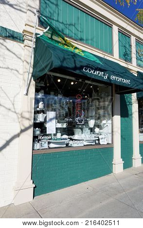 PETOSKEY, MICHIGAN / UNITED STATES - OCTOBER 18, 2017: The County Emmet Celtic Shop is a boutique that specializes in Irish and Irish-themed products, in downtown Petoskey.