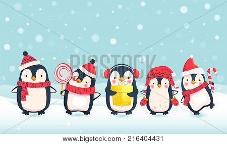 Penguins cartoon vector illustration. Christmas penguin characters